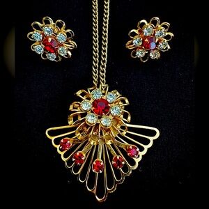 Vintage 1950s Necklace and Earrings Set, Red and Clear Rhinestones 15” Chain